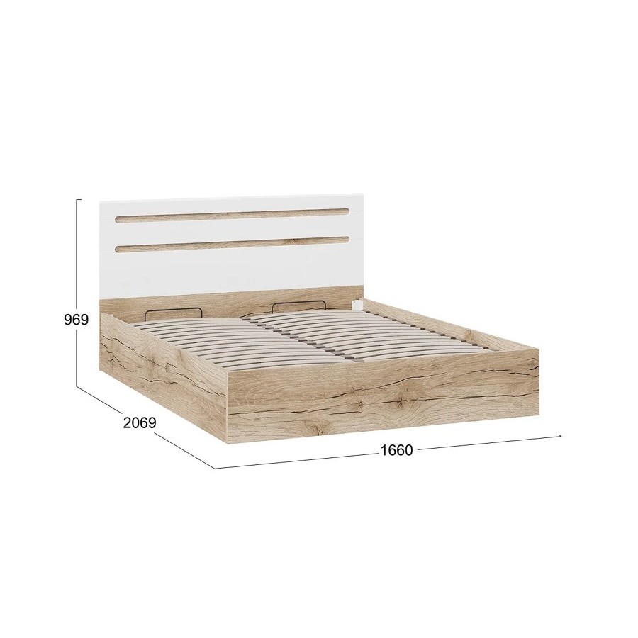 Кровать с ПМ «Фьюжн» (с подъемным механизмом) без заглушины - ТД-260.01.04 Дуб Делано, Белый глянец