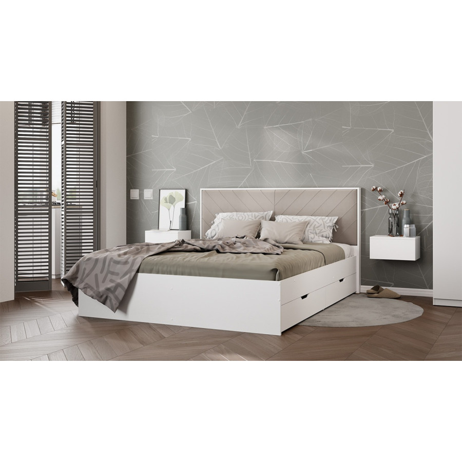 Кровать без ПМ «Стенли» (без подъемного механизма) Белый Ясень, Велюр Confetti Smoke