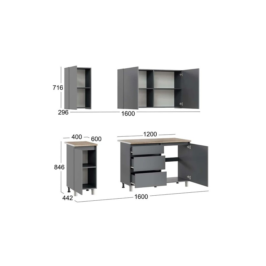 Кухонный гарнитур «Денвер» длиной 160 см Графит Серый, Дуб Сонома
