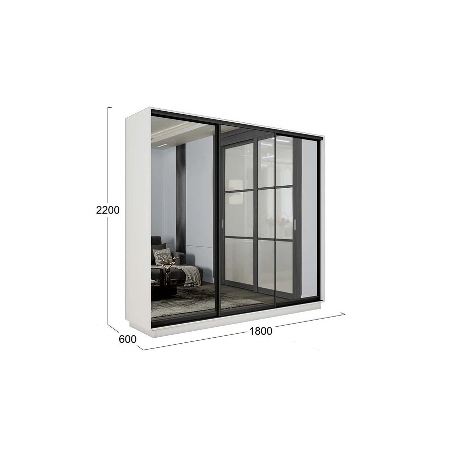 Шкаф-купе 3-х дверный «Румер-2» - СШК 3.180.60-13.13.13(Н) Белый снег, Зеркало, Черный профиль