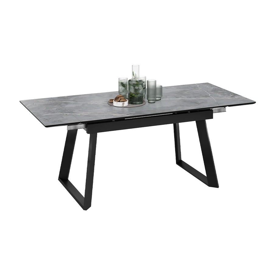 Стол обеденный раздвижной «Стоун» Тип 1 Черный муар, Керамика матовая серый мрамор
