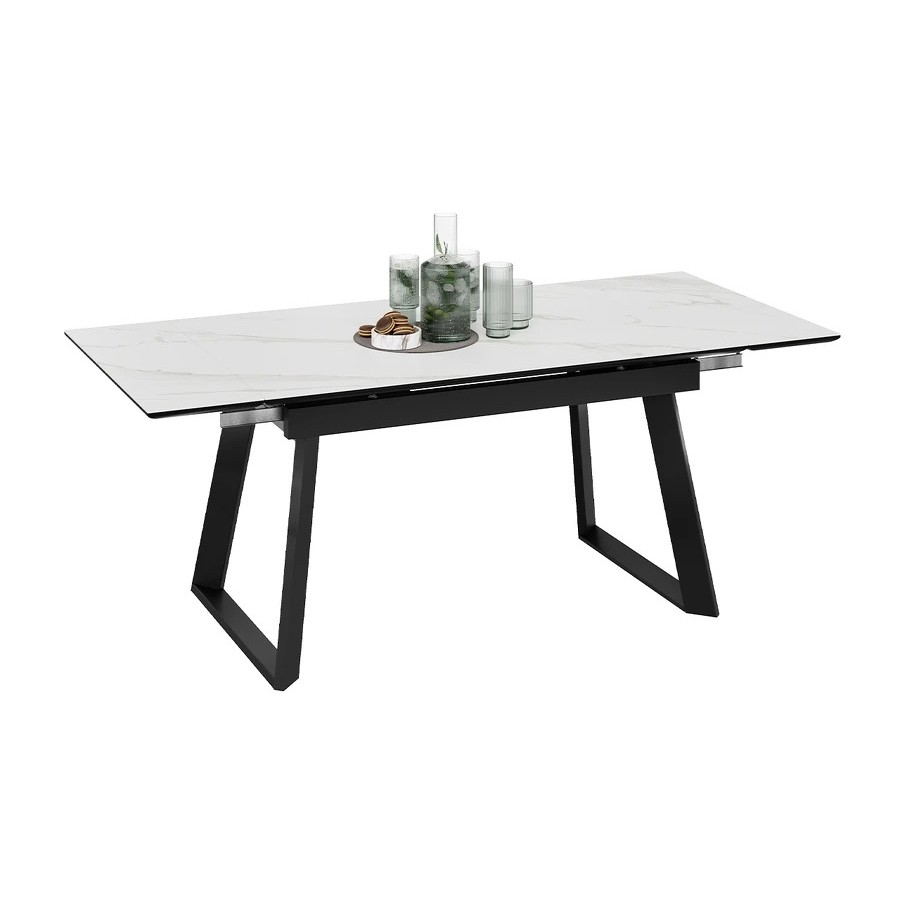 Стол обеденный раздвижной «Стоун» Тип 1 Черный муар, Керамика матовая белый мрамор