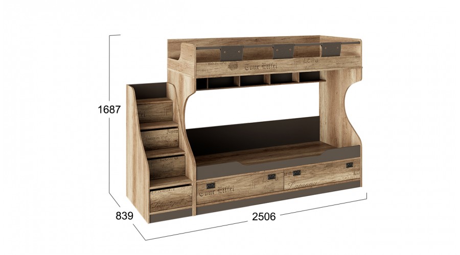 Кровать двухъярусная с приставной лестницей «Пилигрим» (Дуб Каньон светлый, Фон серый)