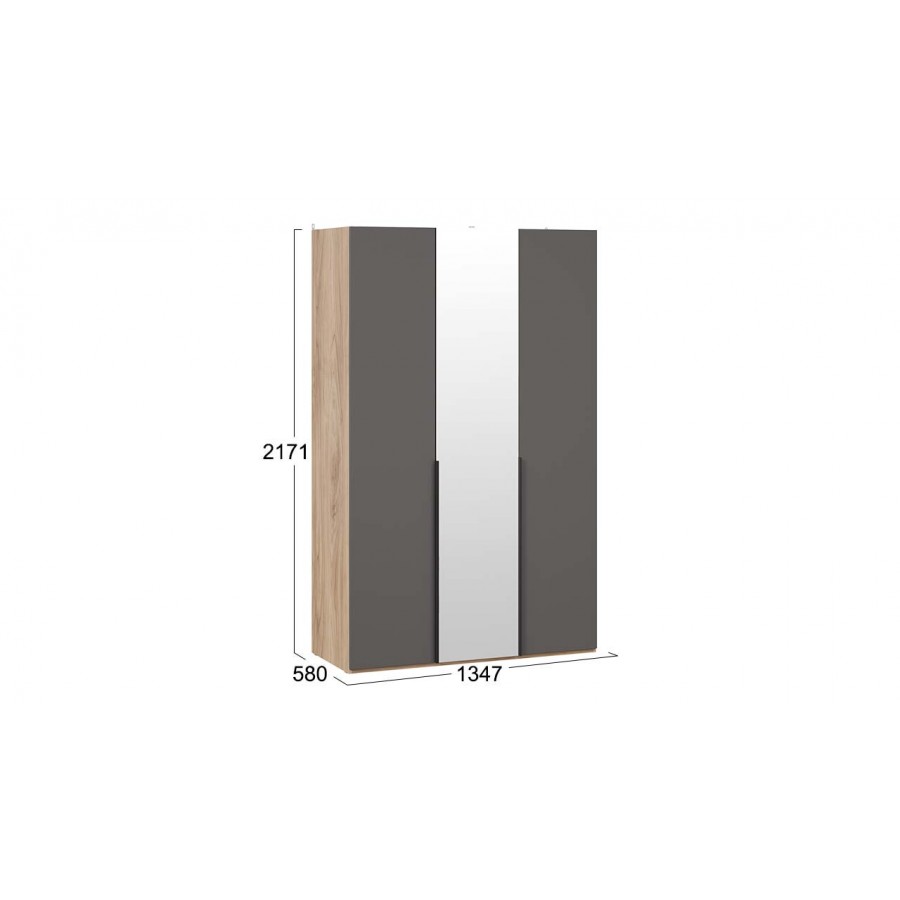 Шкаф для одежды (580) с 2 глухими и 1 зеркальной дверями «Порто» - СМ-393.07.112 Яблоня Беллуно, Графит софт