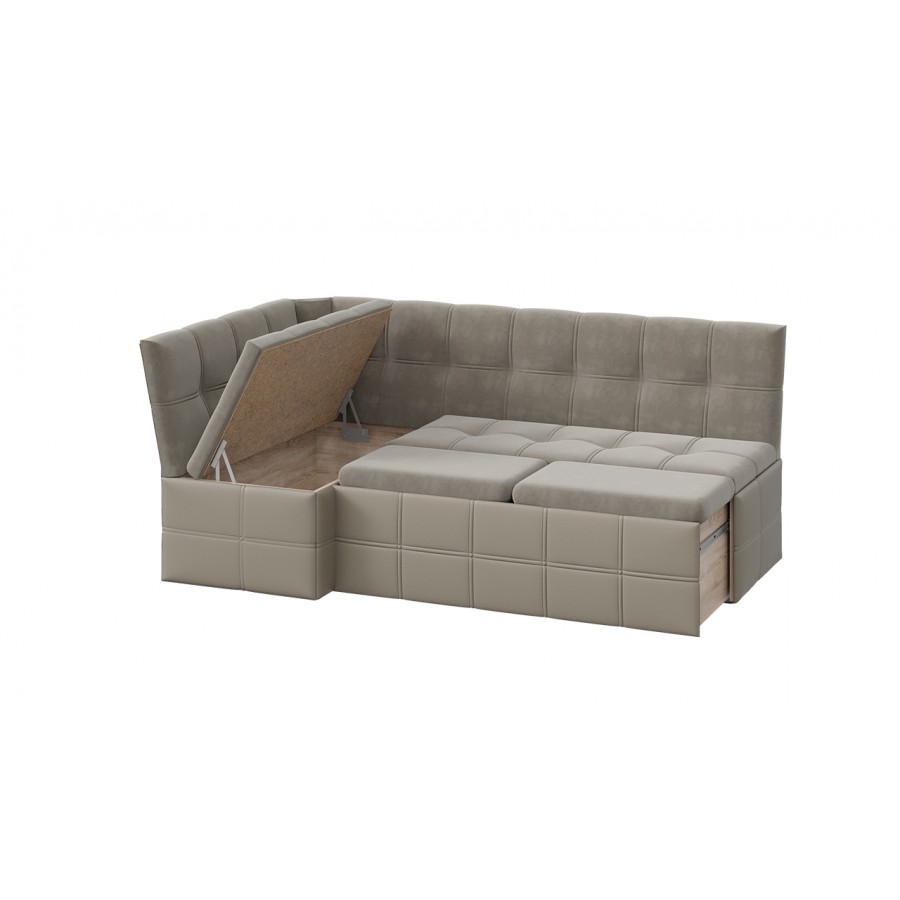 Скамья угловая «Домино» со спальным местом исп. 2 Кожзам Светло-коричневый, Велюр Мокко светлый