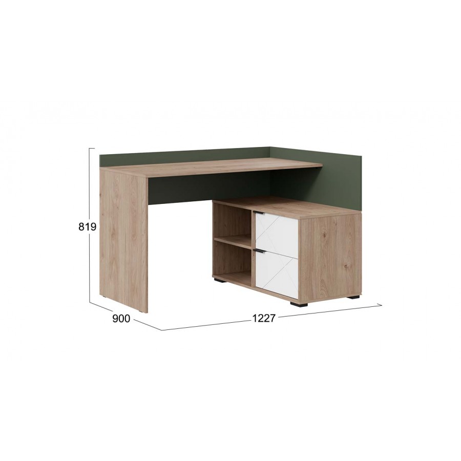 Стол письменный угловой «Лео» - ТД-410.15.03 Гикори джексон/Белый матовый/Дымчатый зеленый