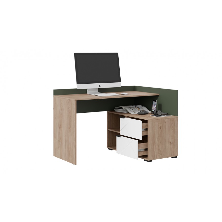 Стол письменный угловой «Лео» - ТД-410.15.03 Гикори джексон/Белый матовый/Дымчатый зеленый