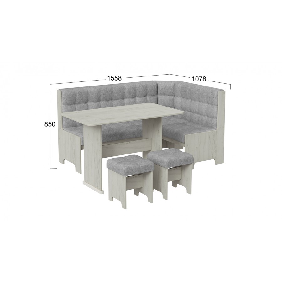 Кухонный уголок «Флорида» Дуб крафт белый, Микровелюр Wellmart Silver