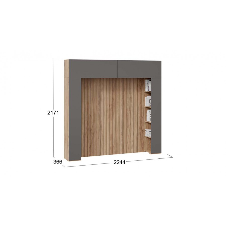 Шкаф навесной (366) со стеллажами и декоративными панелями «Порто» - СМ-393.21.022-23 Яблоня Беллуно, Графит софт