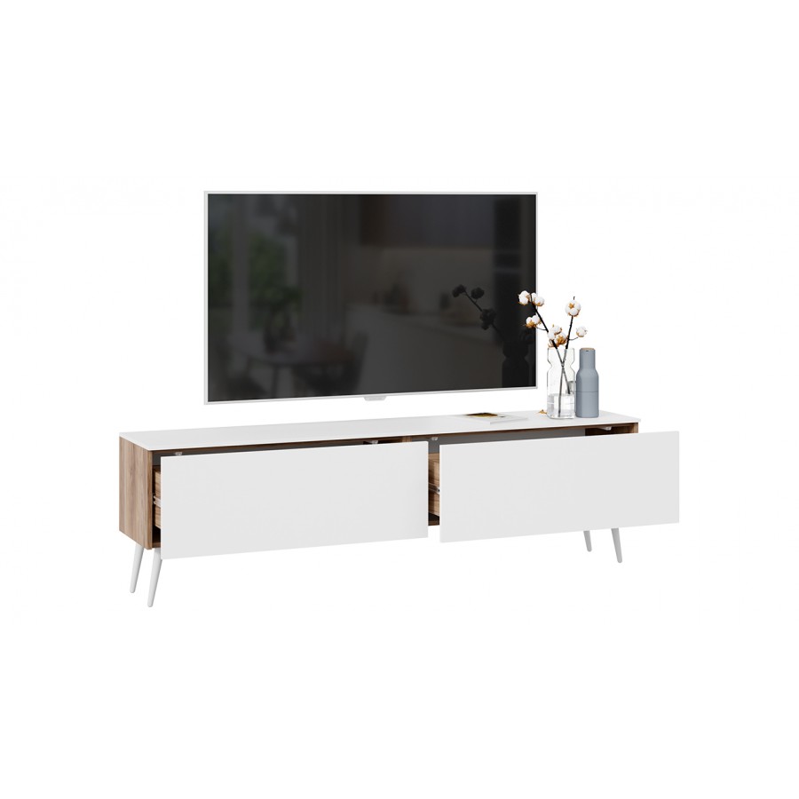 Тумба для теле- и радиоаппаратуры «Порто» с опорами - СМ-393.03.011 Яблоня Беллуно, Белый софт, Белый