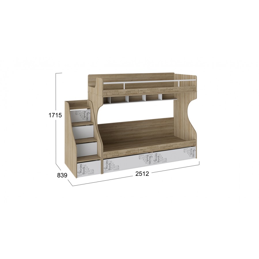 Кровать 2-х ярусная с лестницей приставной с ящиками «Оксфорд» - СМ-139.11.012 Ривьера, Белый с рисунком