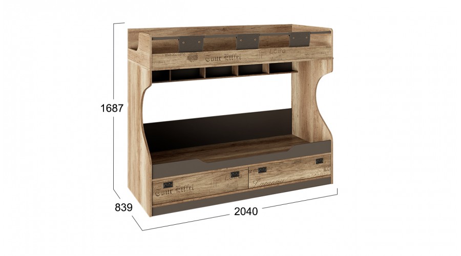Кровать 2х ярусная (без лестницы) «Пилигрим» (Дуб Каньон светлый, Фон серый)